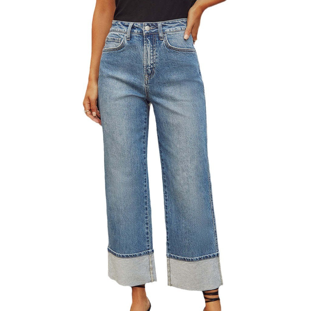 Straight leg jeans women's retro rolled edge high waisted pants - V.I.P Digital Presence