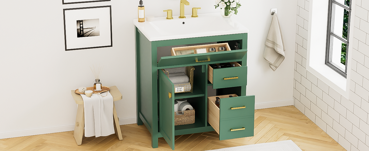 30-Inch Green Bathroom Vanity with Ceramic Sink and Ample Storage - Ideal Choice for Small Bathrooms - V.I.P Digital Presence