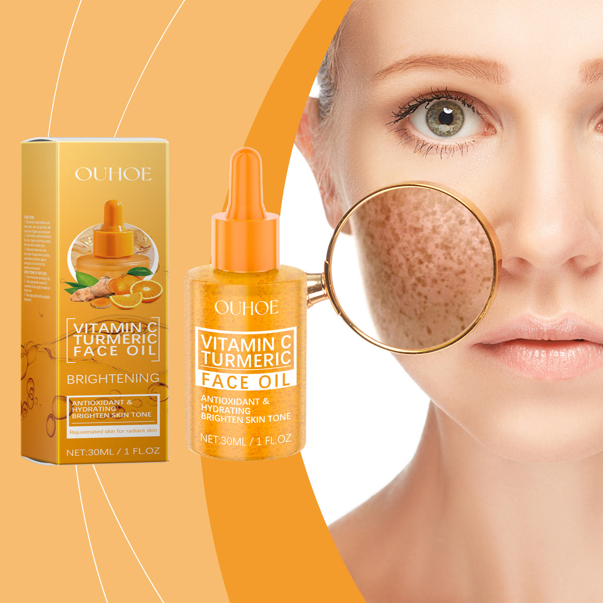 Aceite iluminador de cúrcuma y vitamina C, aceite esencial hidratante facial con vitamina C que hidrata, ilumina y nutre la piel.