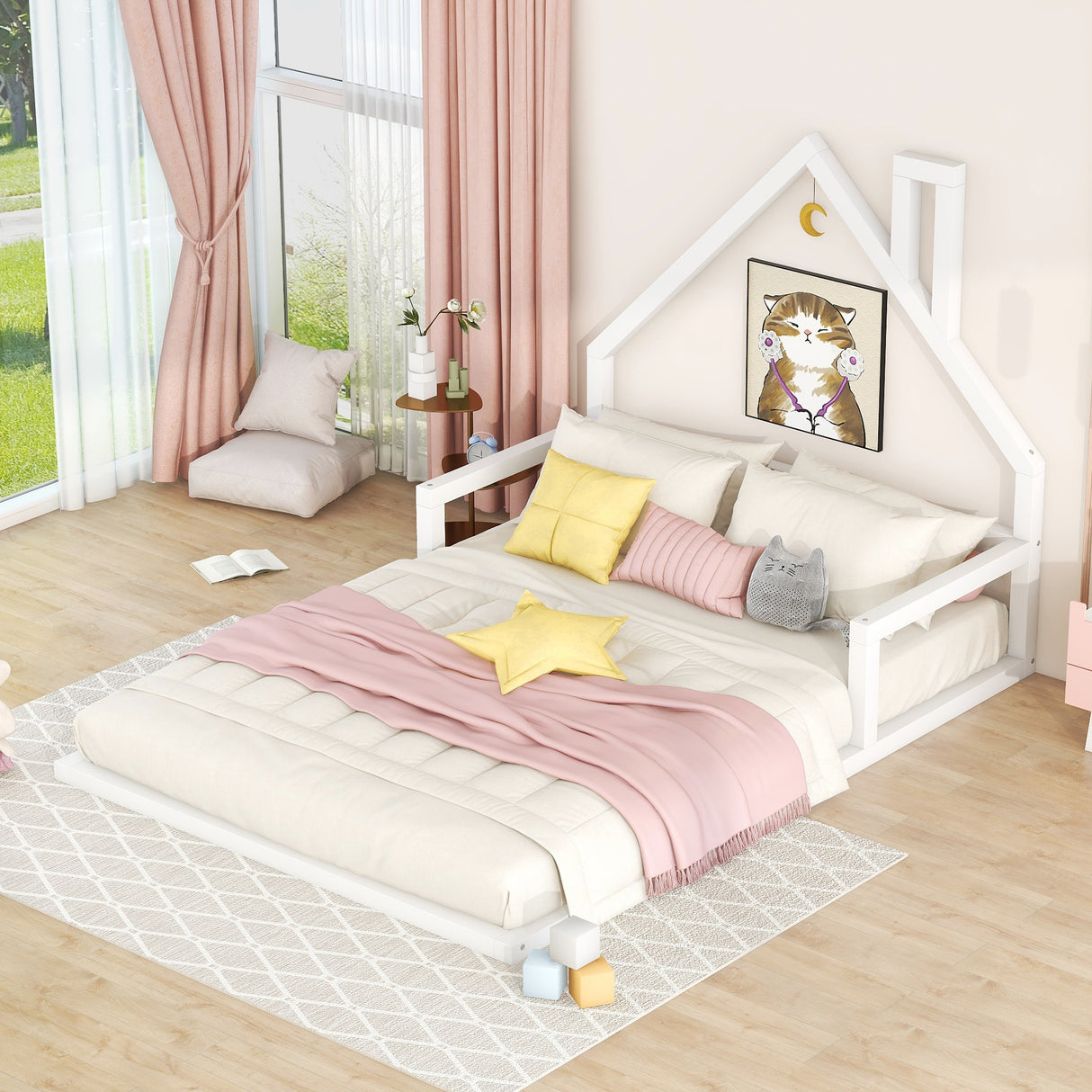 Full Size Wood Floor Bed with House-shaped Headboard White