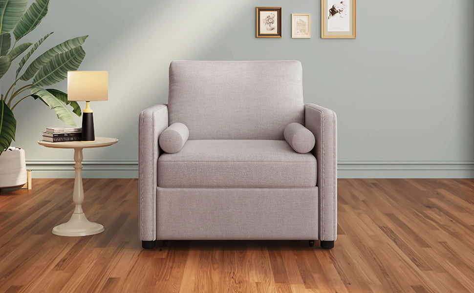3 in 1 Convertible Sleeper Chair with Adjustable Backrest, Lounger Chair Turns Into Bed, Single Bed for Living Room, Linen, Tan - V.I.P Digital Presence