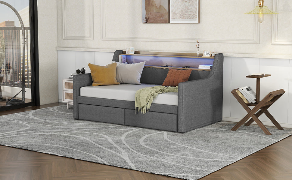 Twin Size Daybed with Storage Drawers, Upholstered Daybed with Charging Station and LED Lights, Gray - V.I.P Digital Presence