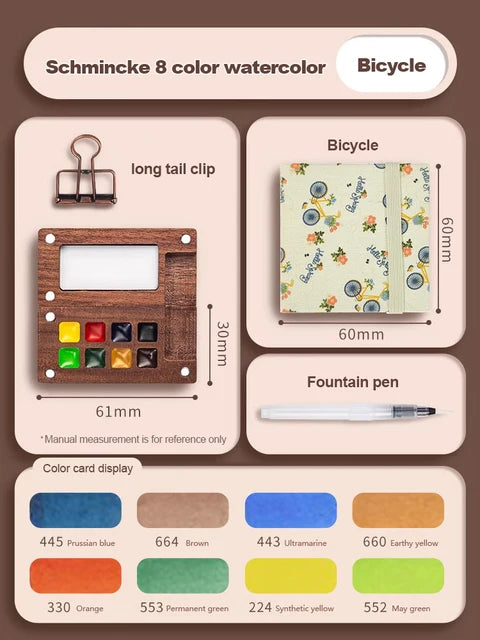 Mini watercolor paint box and small notebook Mingke 8-color wooden box mini drawing board solid watercolor painting - V.I.P Digital Presence