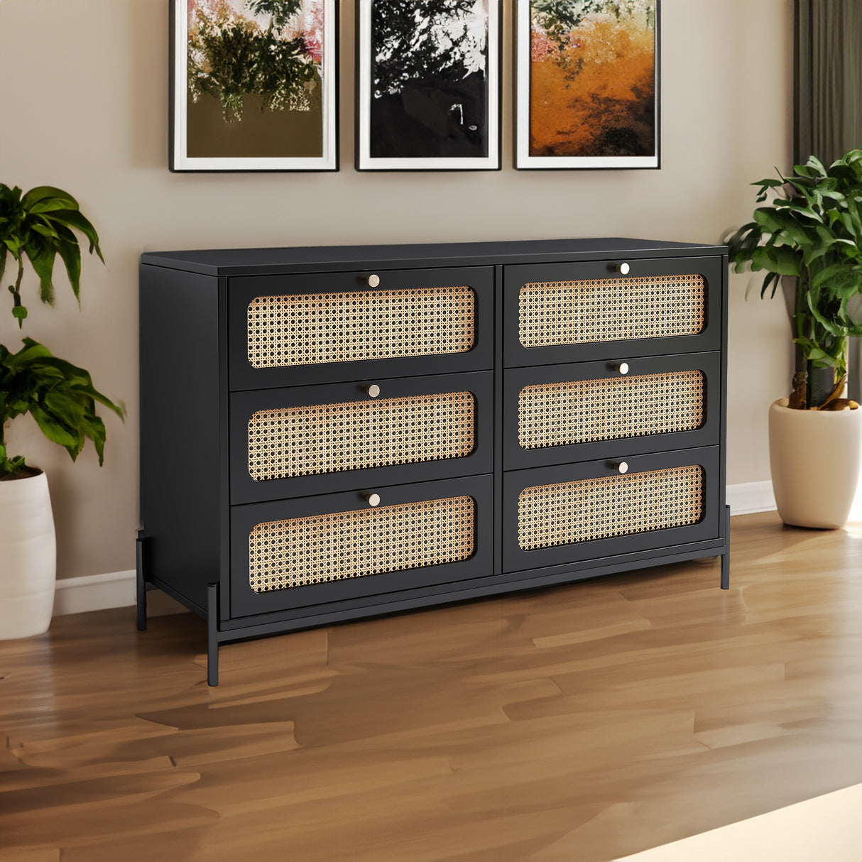 Modern hemp vine wood closet with 6 drawers, dressing table, wooden storage cabinet side panel, black - V.I.P Digital Presence