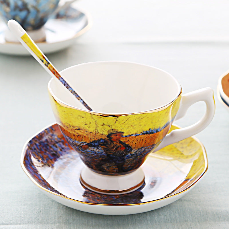 British Luxe Saucer and Spoon Afternoon Tea Cup with Van Gogh Oil Painting Design, Bone China Coffee Cup, Creative Souvenir Ceramic Mug - V.I.P Digital Presence