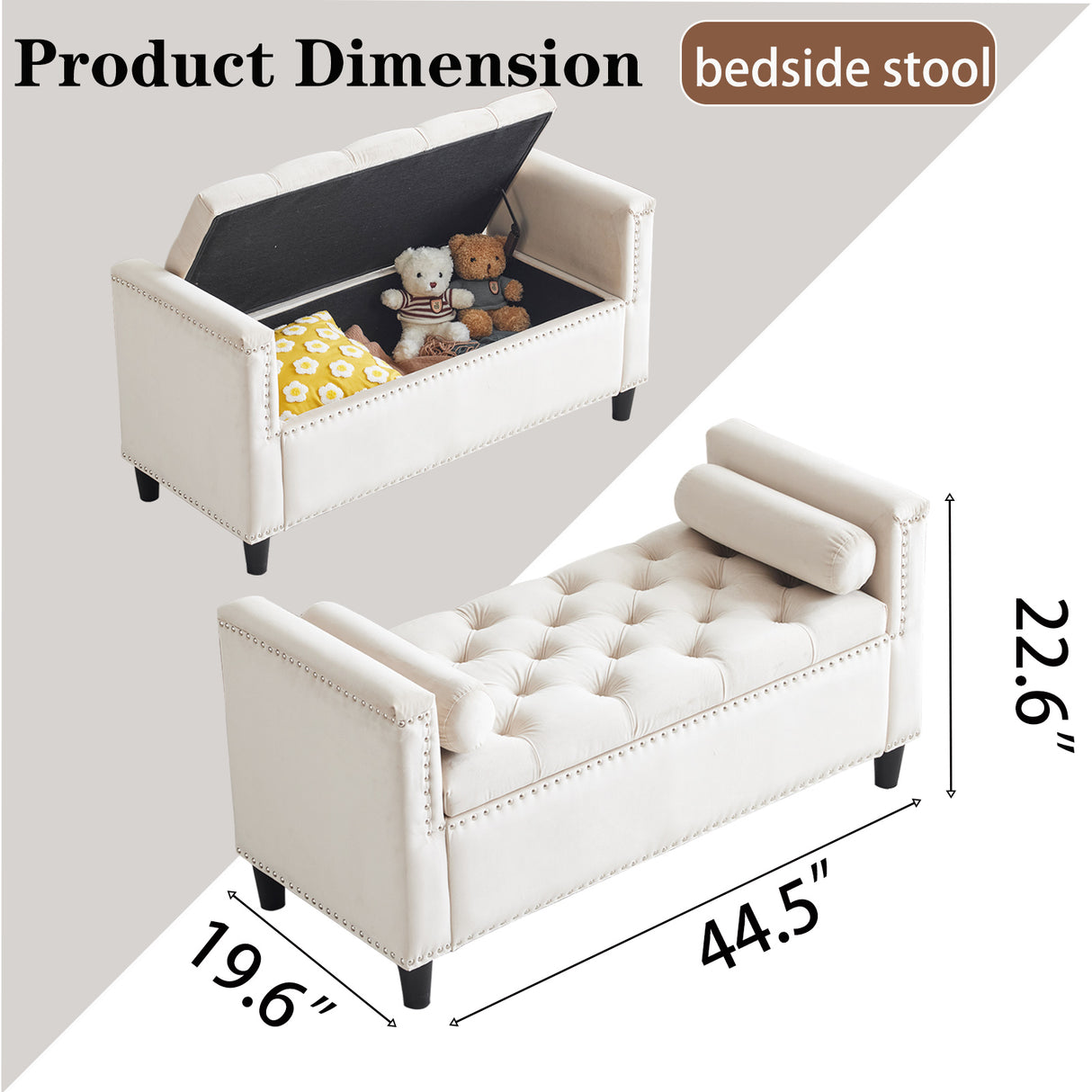 Storage Bench, 44.5-Inch Queen Velvet Button Bedside Bench, Entryway Living Room with Armrests, Nailhead Trim Cream White - V.I.P Digital Presence