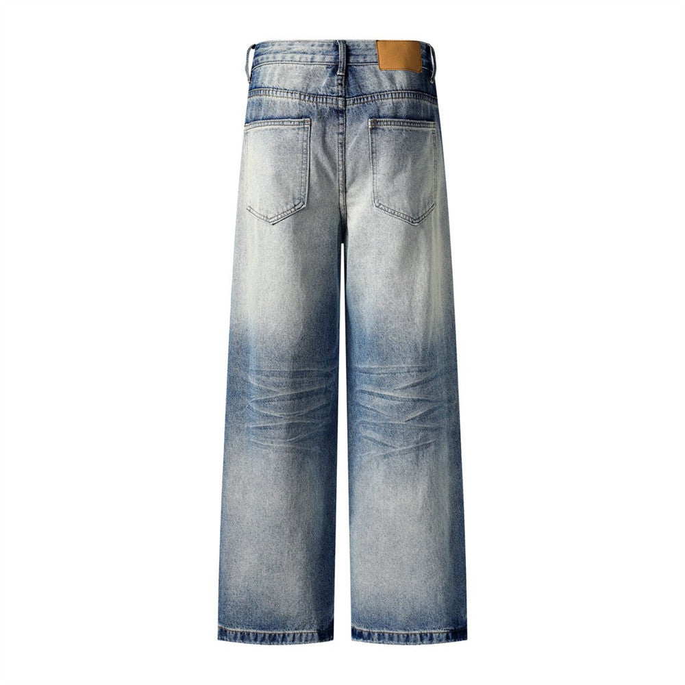 Washed Faded Denim Long Pants Clean Fit Punk Loose Wide Leg Dad Trousers Men's Distressed Ripped Straight Leg Jeans - V.I.P Digital Presence