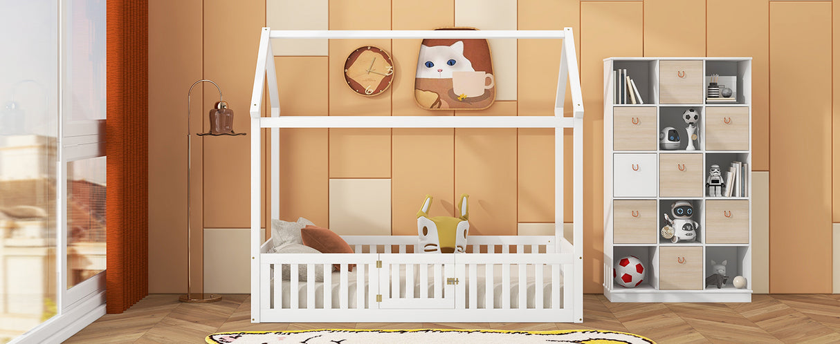 Twin Size Wood House Bed with Fence and Door, White - V.I.P Digital Presence