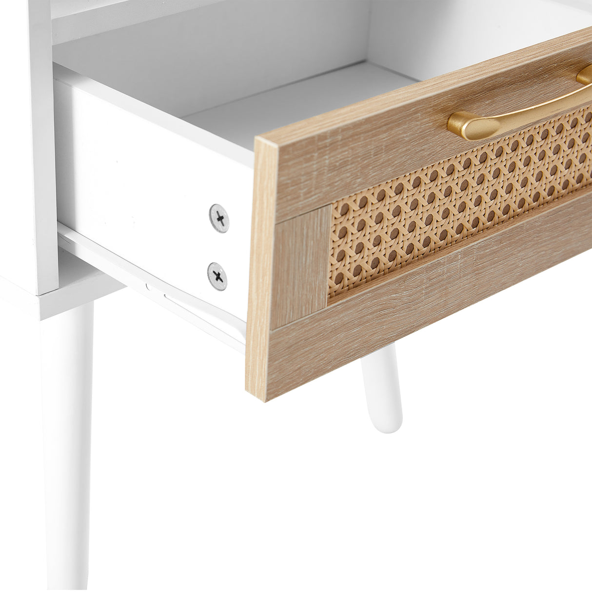 15.75" Rattan End table with drawer and solid wood legs Modern nightstand side table for living room white - V.I.P Digital Presence