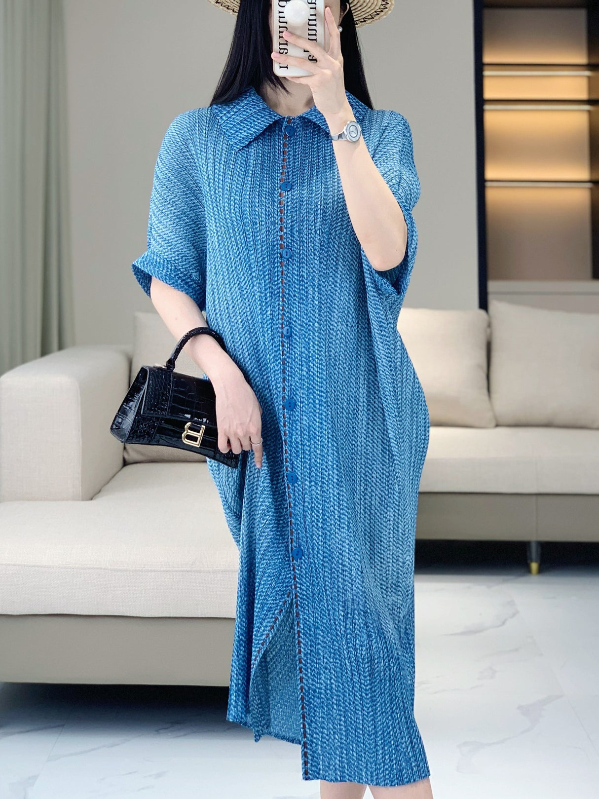 Vestido suelto informal de verano para mujer, color liso, tendencia, solapa con botones, manga corta, falda plisada de longitud media