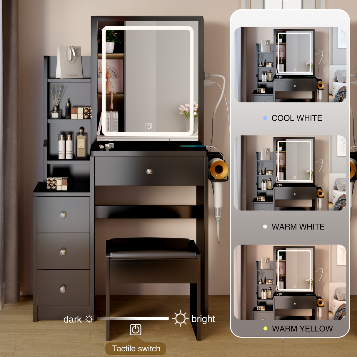 Dressing table+cushioned stool, 2 AC+2 USB power supplies, touch sliding LED mirror, tri color switch - V.I.P Digital Presence
