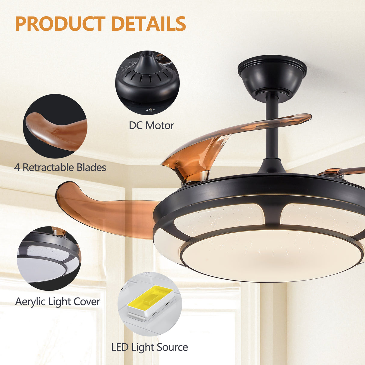 Modern Minimalist Invisible Ceiling Fan Light - Retractable Fan With LED Fixtures - For Living Room, Bedroom and Dining room - V.I.P Digital Presence