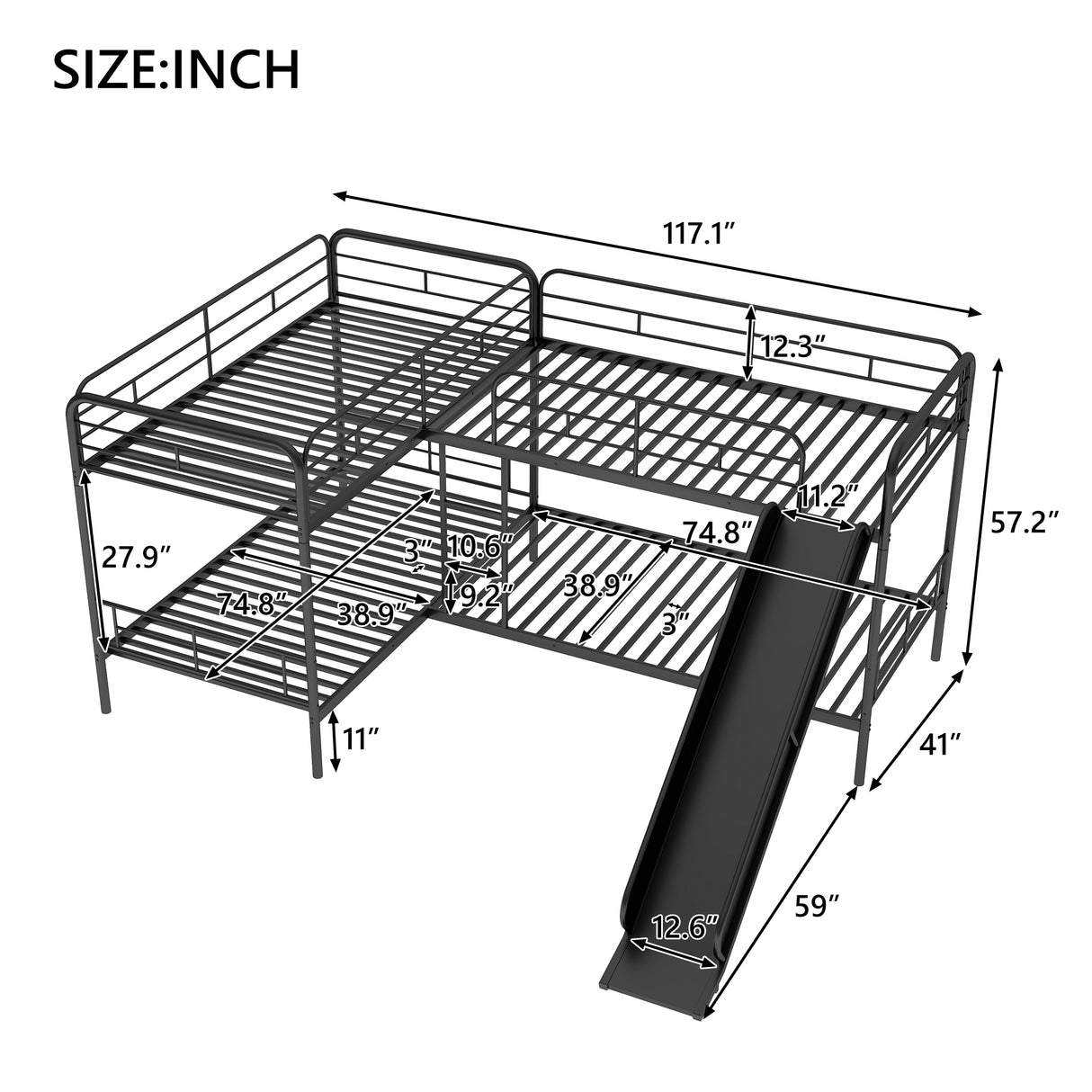 Twin Size L-Shaped Bunk Bed with Slide and Ladder Black