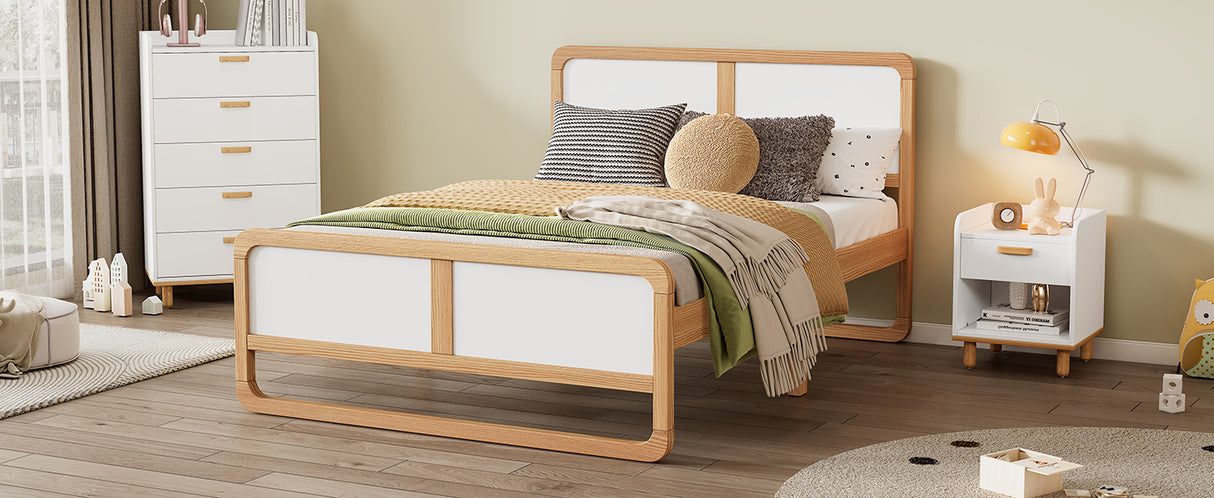Modern Style Queen Size Solid Wood Platform Bed for Kids, Teens, Adults, No Need Box Spring, Walnut and White - V.I.P Digital Presence
