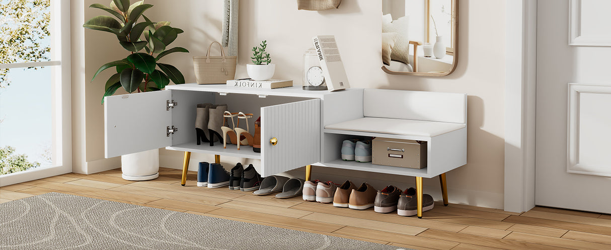 Modern Shoe Storage Bench with Hidden Storage and Upholstered Cushions for Bedside, Living Room and Entryway (White) - V.I.P Digital Presence