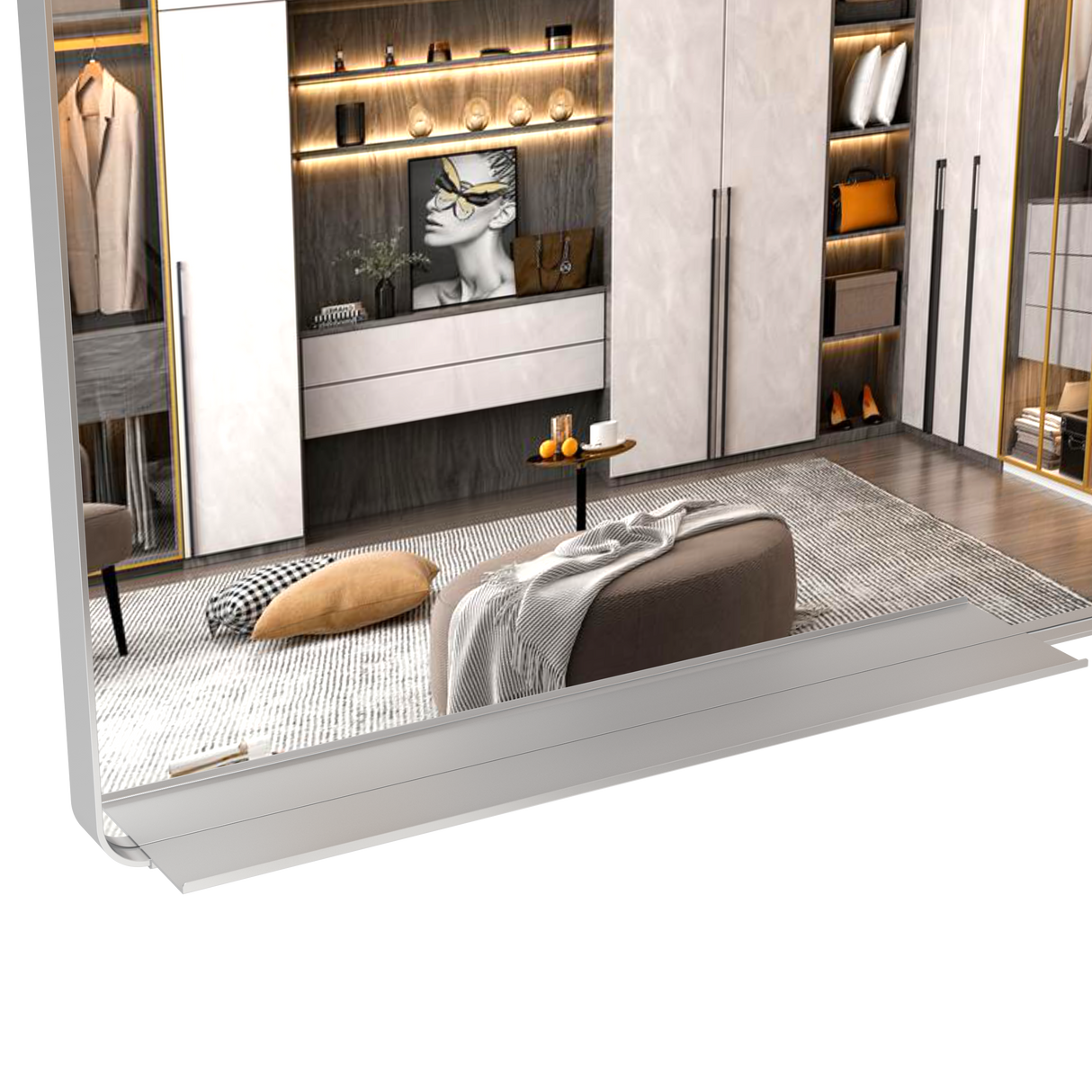 Large bathroom mirror with movable tray wall mounted mirror, vertically and horizontally suspended aluminum frame wall mounted m - V.I.P Digital Presence