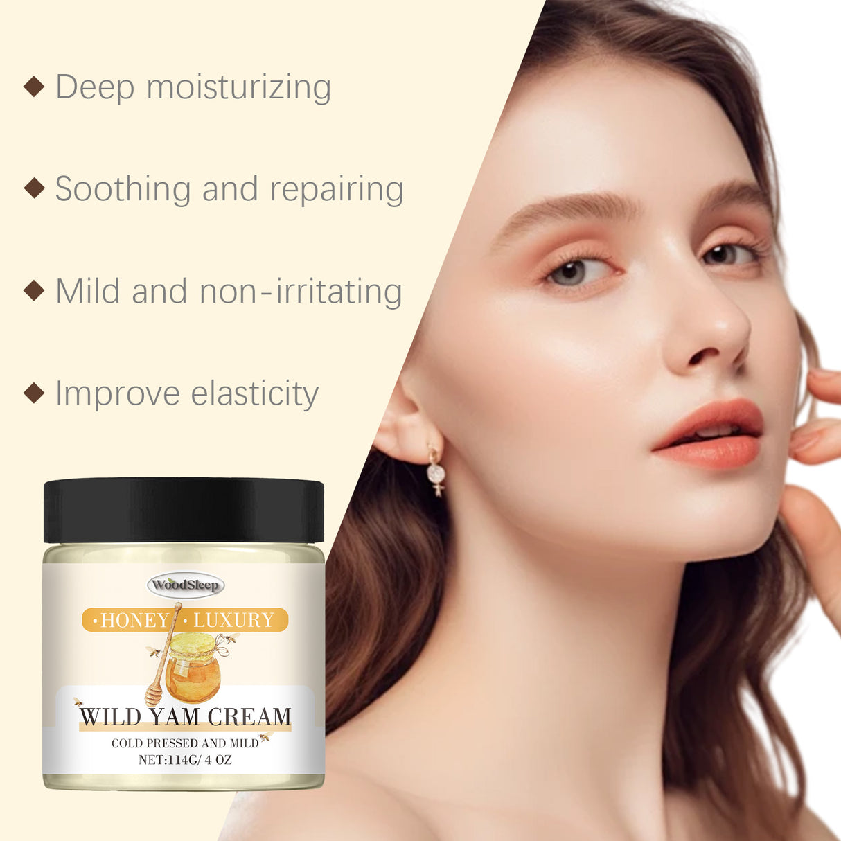 Crema hidratante de miel que alivia la piel seca y nutre la delicada elasticidad de la piel.