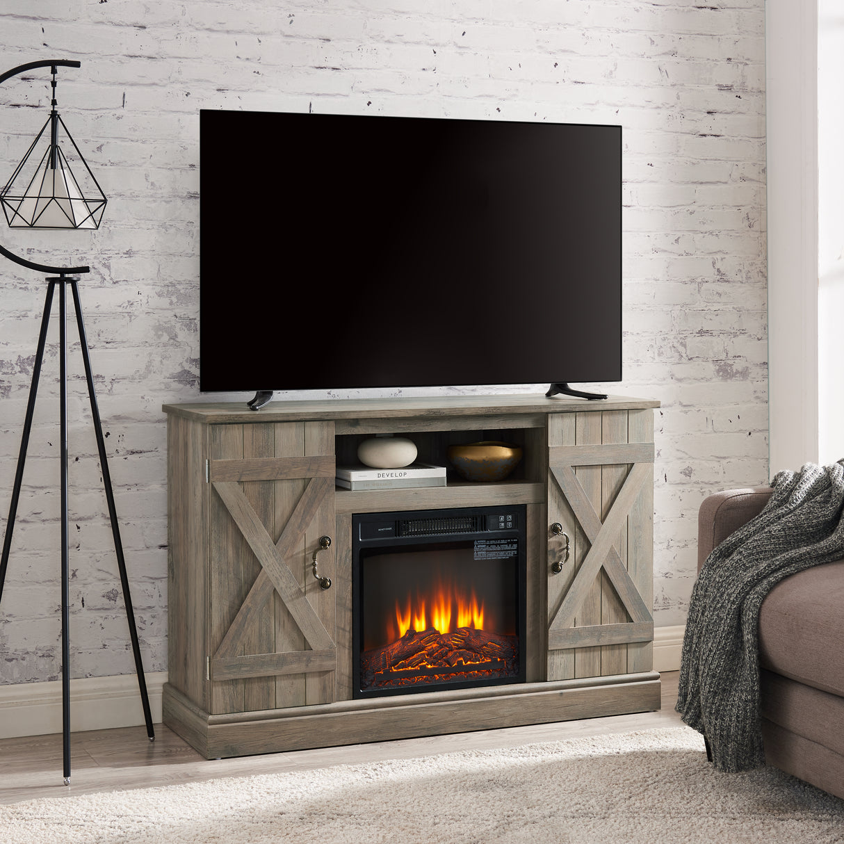 Farmhouse Classic Media TV Stand Antique Entertainment Console with 18" Electric Fireplace Insert for TV up to 50" with Open - V.I.P Digital Presence