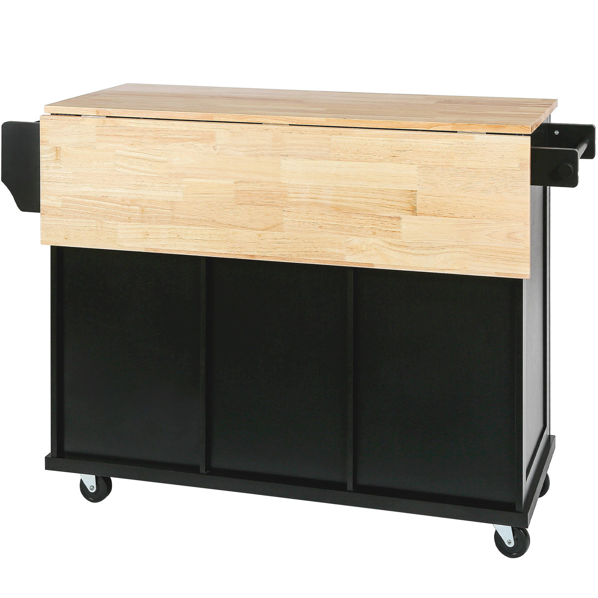 Kitchen trolley with rubber wood leaf countertop, 5-wheel kitchen island, storage cabinet and 3 dining drawers, black - V.I.P Digital Presence