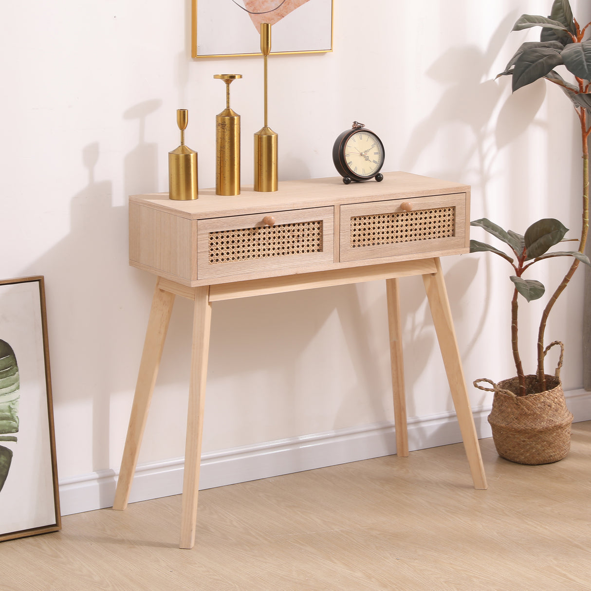 Side table with two real rattan drawers, solid wood table legs can be used in the dining room living room,bedroom - V.I.P Digital Presence