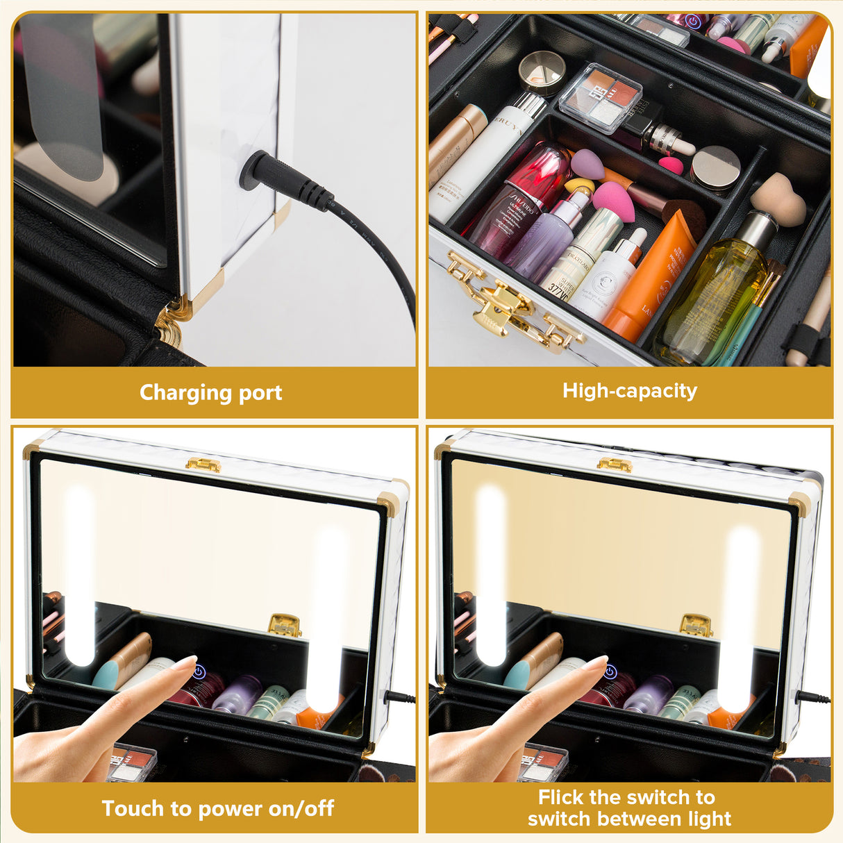 Portable makeup case, travel makeup bag with LED mirror, locked makeup storage box, brush holder, divider, rechargeable, white - V.I.P Digital Presence