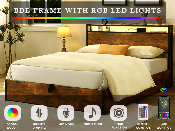 Elevating storage bed frame, full-size bed frame with bookshelf headboard and LED lights, with country brown color - V.I.P Digital Presence