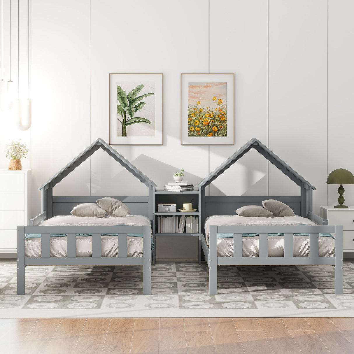 Double Twin Size Platform Bed with House-shaped Headboard and a Built-in Nightstand Grey