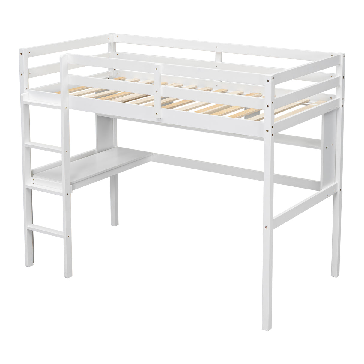 Twin Loft Bed with built-in desk and bookcase of three compartments, Guardrails and Ladder,White - V.I.P Digital Presence