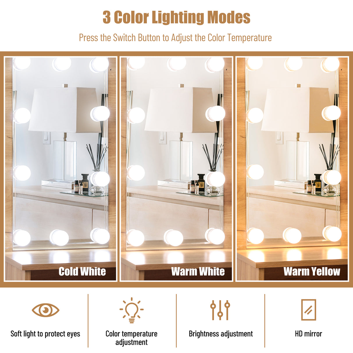 Vanity Desk Set Stool & Dressing Table with LED Lighting Mirror Drawer and Wood Cosmetic Table Chest of Drawers Nature Color - V.I.P Digital Presence