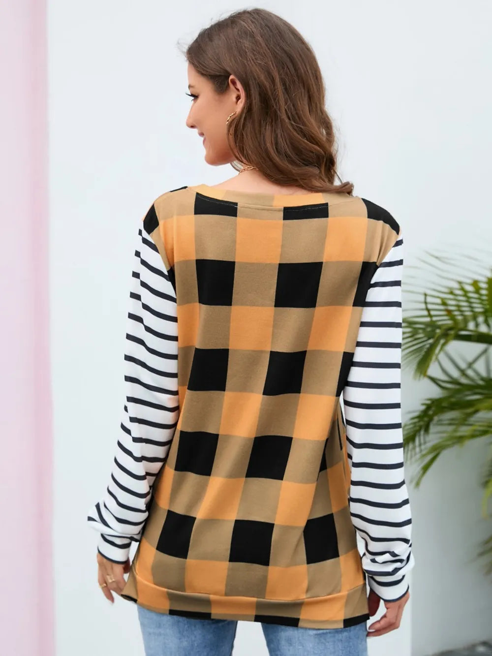 Plaid Striped Round Neck Long Sleeve T-Shirt - V.I.P Digital Presence