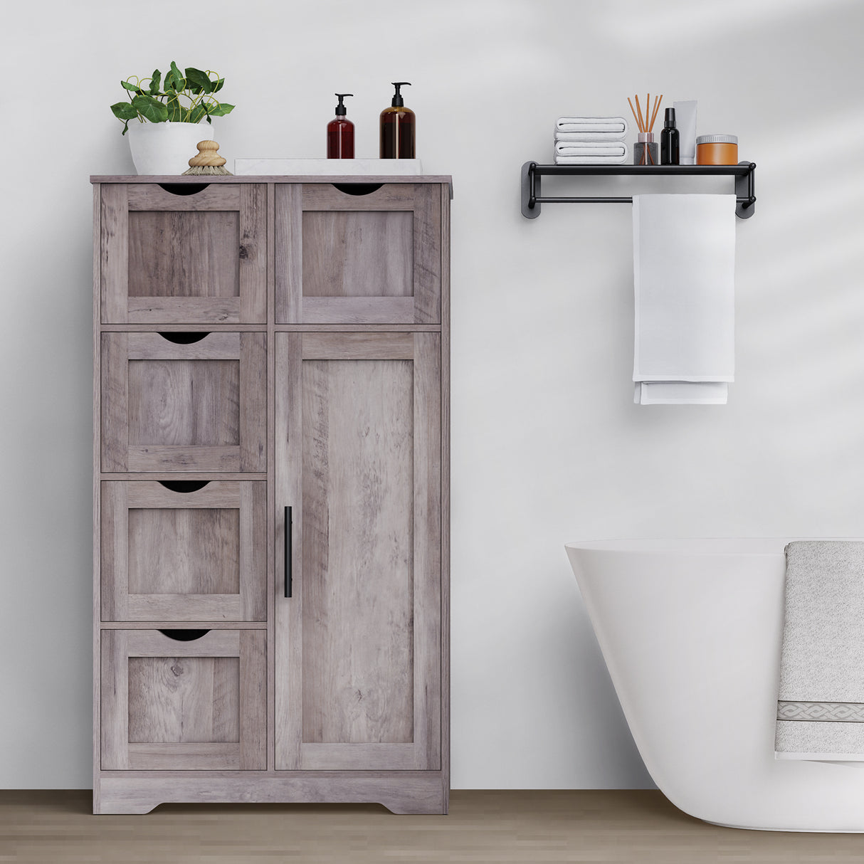 Bathroom Storage Cabinet with Storage 5 Drawers and 1 Door, Entryway Cabinet with Adjustable Shelf Grey - V.I.P Digital Presence