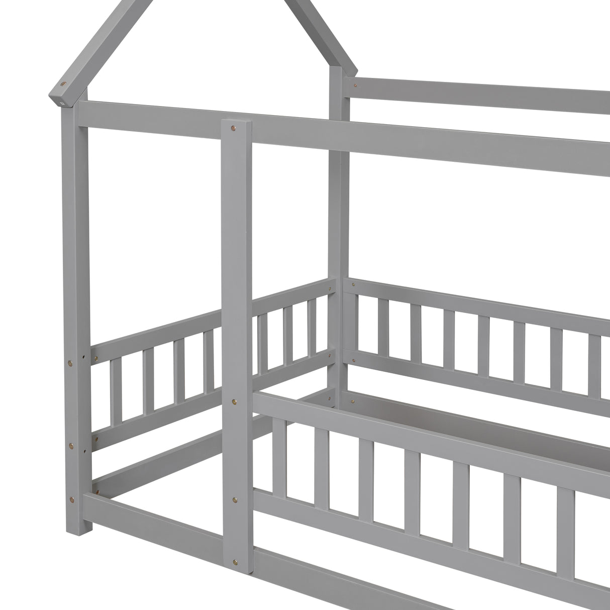 Twin Size Floor Wooden Bed with House Roof Frame, Fence Guardrails,Grey - V.I.P Digital Presence