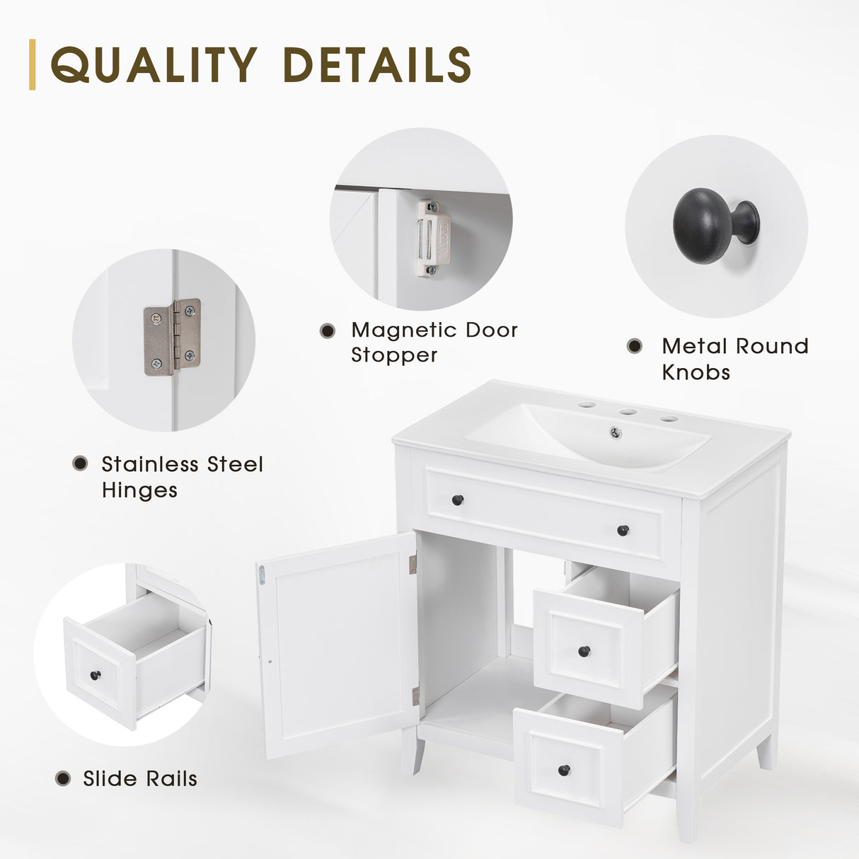 30" Bathroom Vanity with Sink Top, Bathroom Vanity Cabinet with Door and Two Drawers, Solid Wood Frame, One Package, White - V.I.P Digital Presence