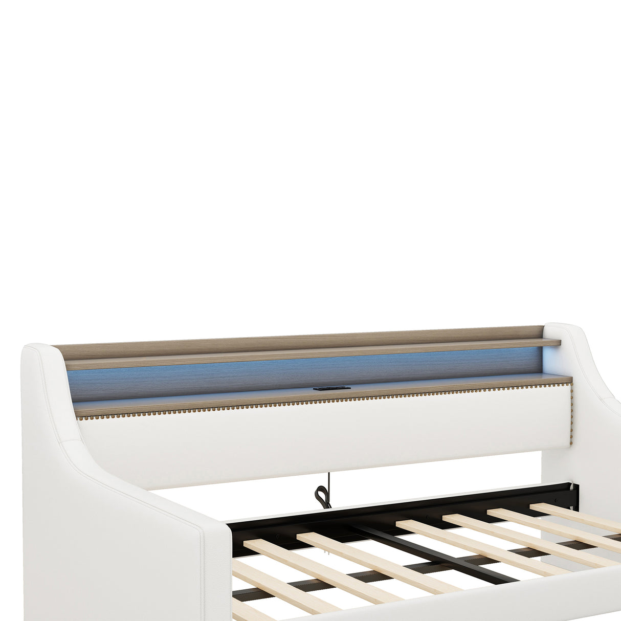 Twin Size Daybed with Drawers, Upholstered Daybed with Charging Station and LED Lights, White - V.I.P Digital Presence