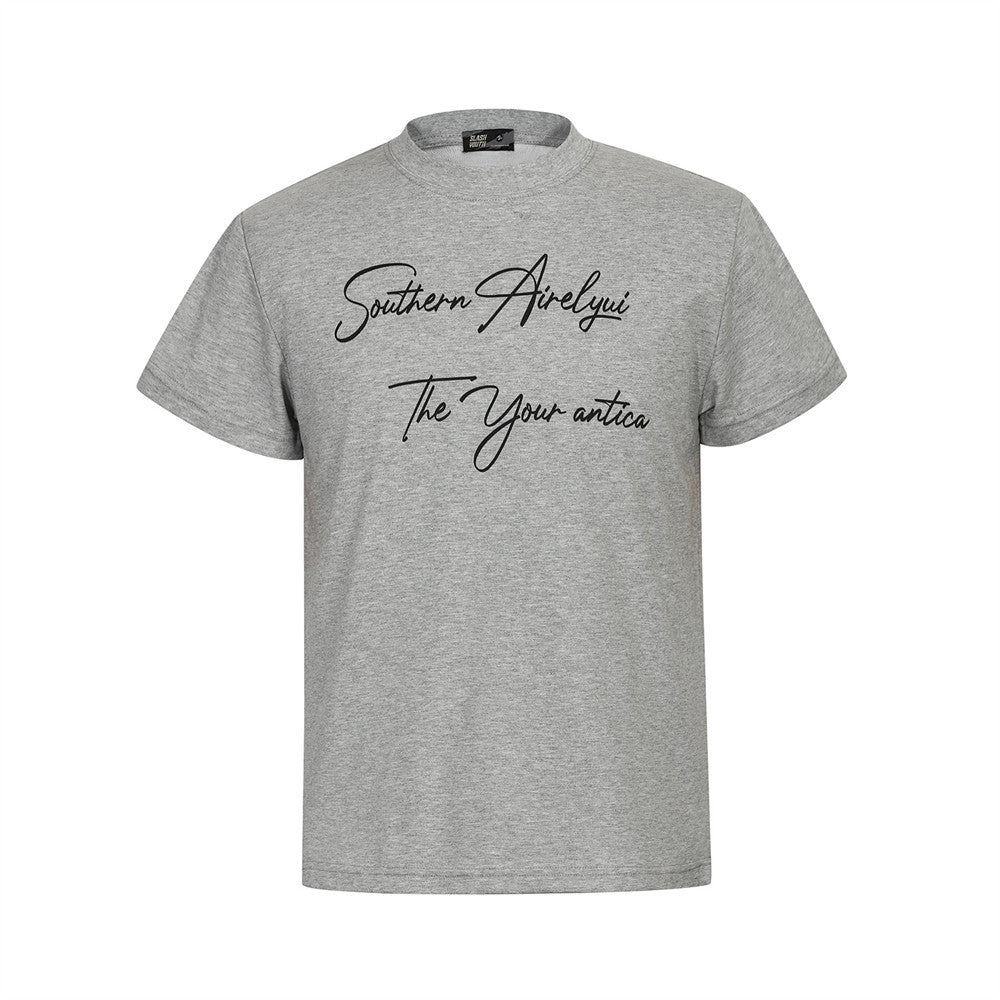 Handwritten English Letter Print Short Sleeve T-Shirt Men's Slim Fit Regular Shoulder Casual Round Neck Half Sleeve Top INS Trendy Tee - V.I.P Digital Presence