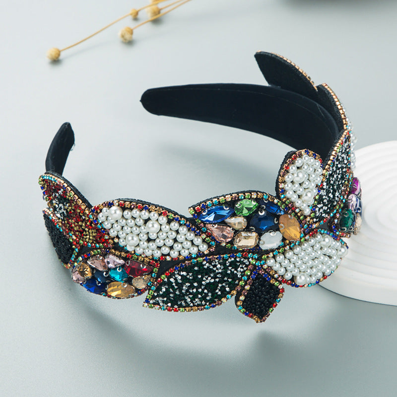 Headband Fashion Ball Rhinestone Pearl Leaf-Shaped Baroque Headband Exaggerated Wide-Brimmed Hair Accessories - V.I.P Digital Presence