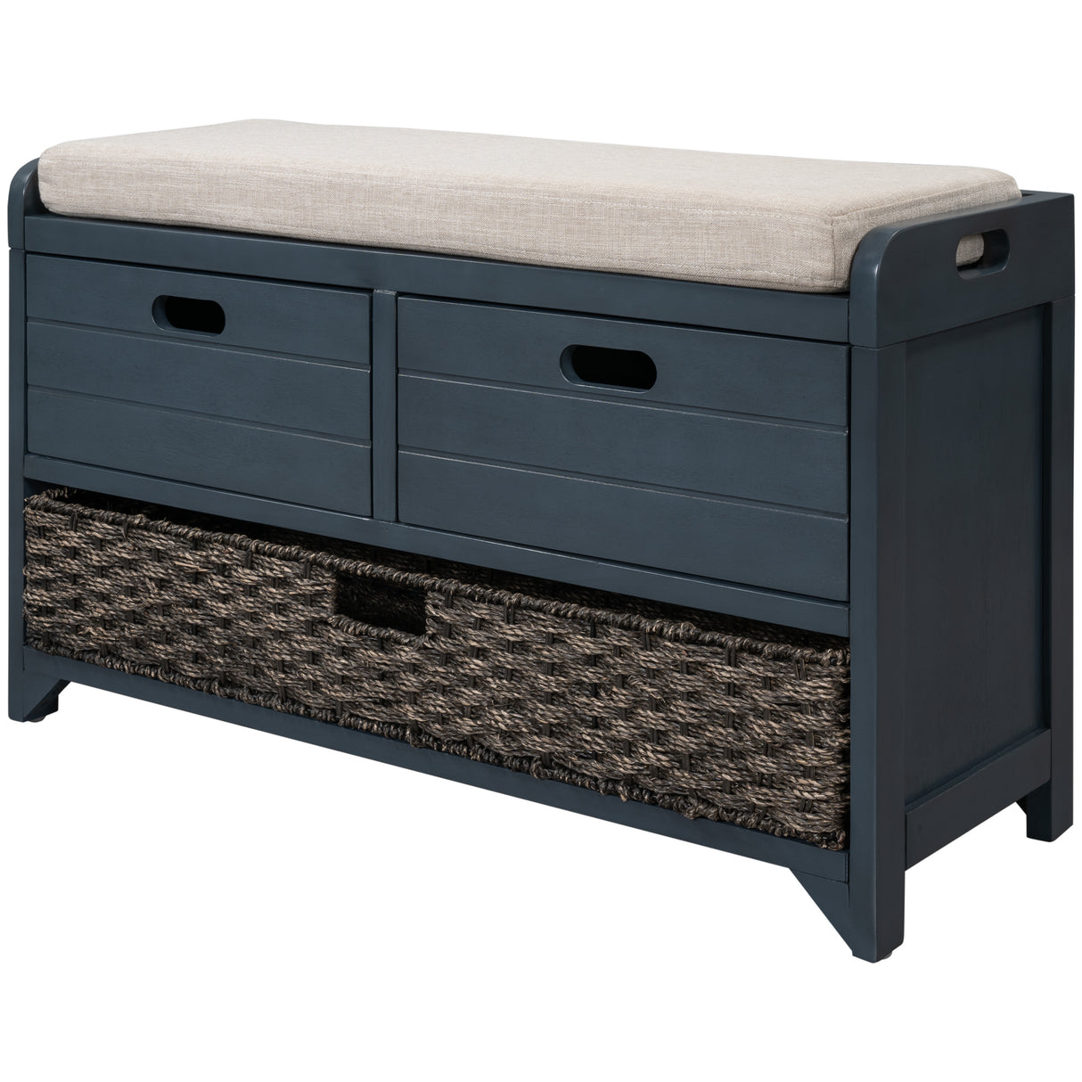 TREXM Storage Bench with Removable Basket and 2 Drawers, Fully Assembled Shoe Bench with Removable Cushion (Navy) - V.I.P Digital Presence