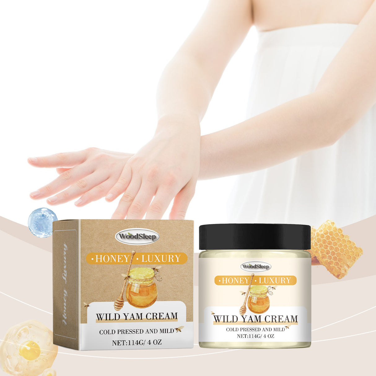 Crema hidratante de miel que alivia la piel seca y nutre la delicada elasticidad de la piel.