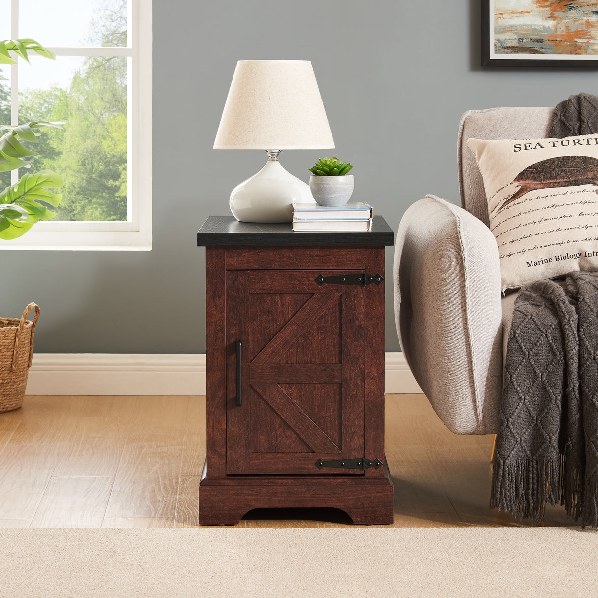 Farmhouse tea table bedside table rectangular farmhouse tea table with barn door and adjustable storage rack OAK - V.I.P Digital Presence