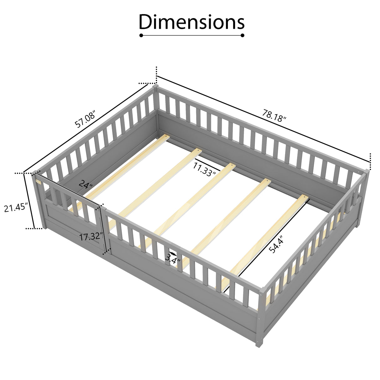 Full size floor bed, children's floor bed frame, Montessori wood floor bed, support Flat noodles gray - V.I.P Digital Presence