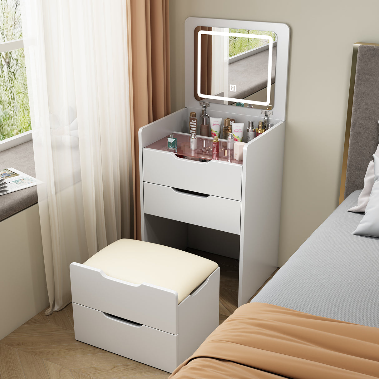 3 in 1 Vanity Desk with Plip Top Mirror,Small Make Up Vanity Set with Visible Glass Desktop,Compact Makeup Vanity with 3 Drawers - V.I.P Digital Presence