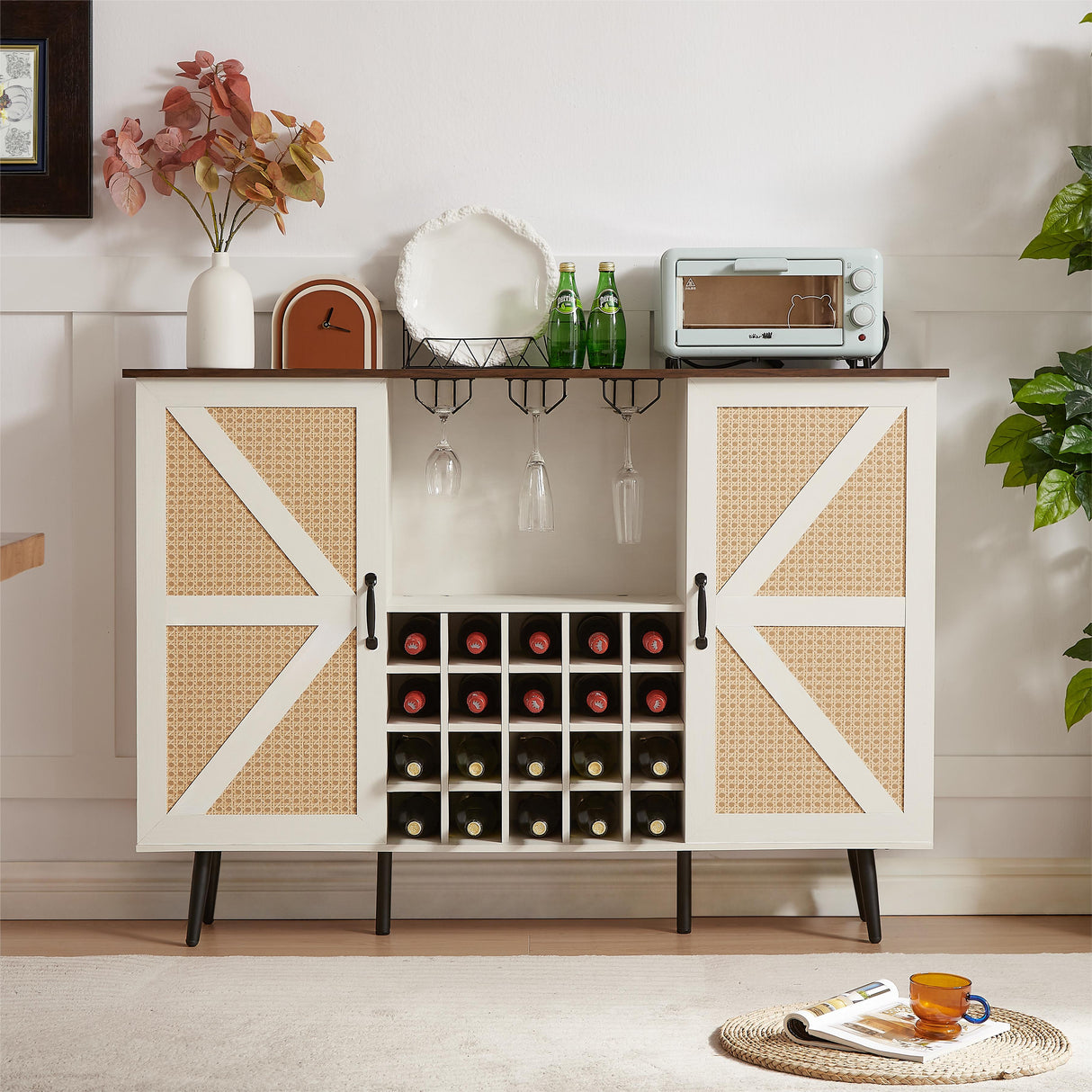 White Faux Rattan Barn Door Wine Cabinet with Wine Rack and Wine Glass Rack, Double Door Design with Removable Shelves - V.I.P Digital Presence