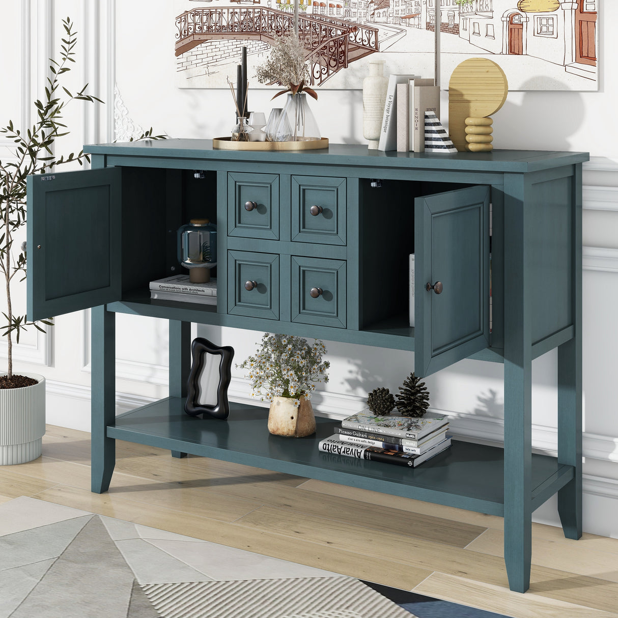 REXM Cambridge Series Spacious Storage Retro Console Desk with Four Small Drawers and Bottom Shelf - V.I.P Digital Presence