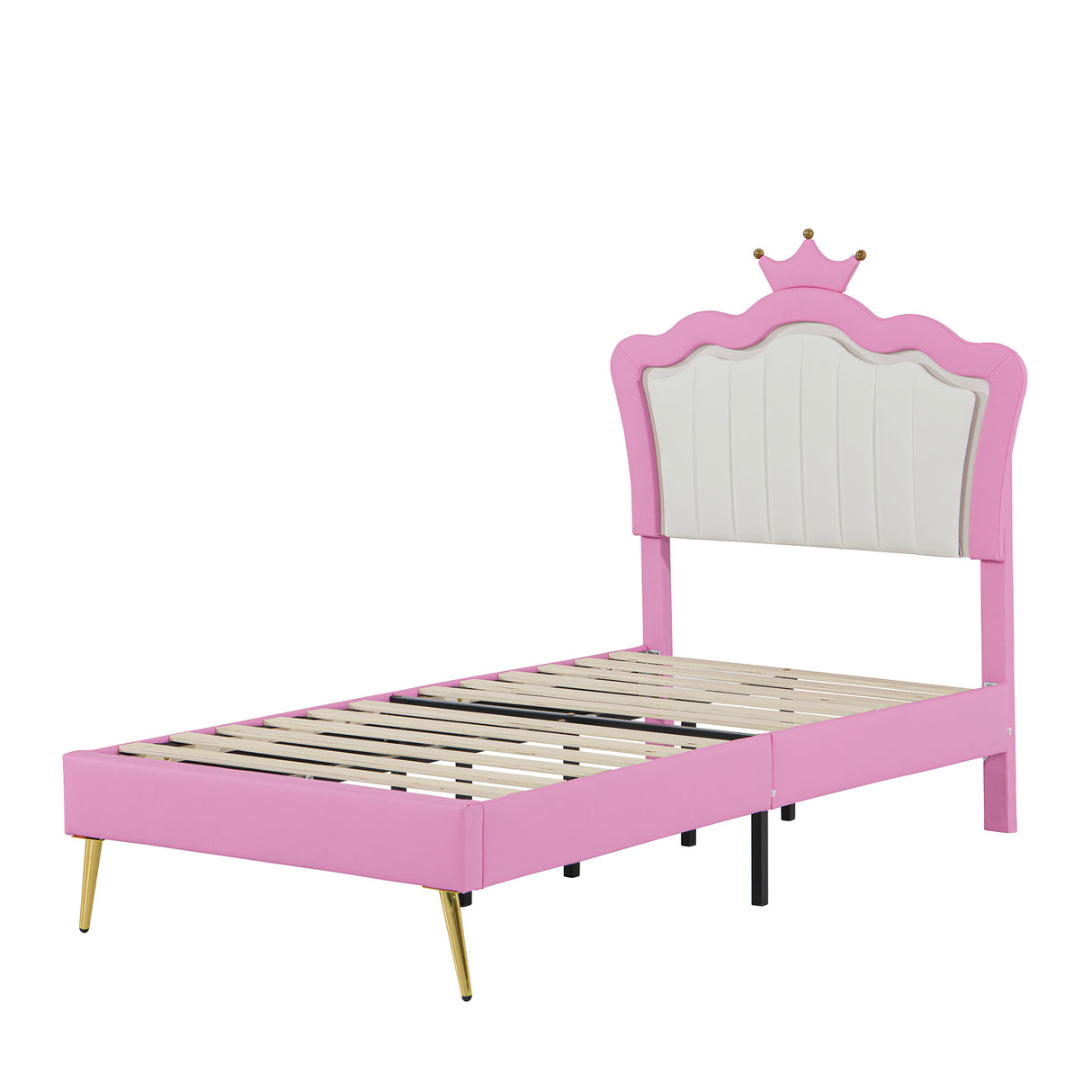 Twin Size Upholstered Bed Frame with LED Lights, Modern Upholstered Princess Bed with Crown Headboard, Pink+White - V.I.P Digital Presence
