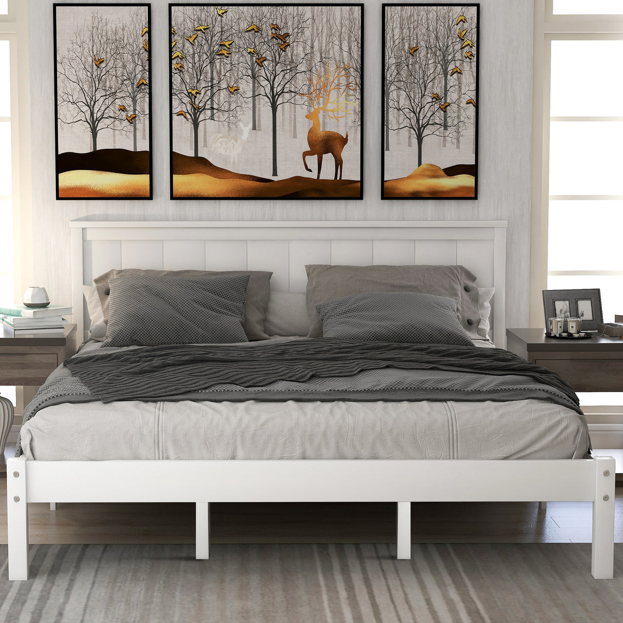 Platform Bed Frame with Headboard, Wood Slat Support, No Box Spring Needed Queen White