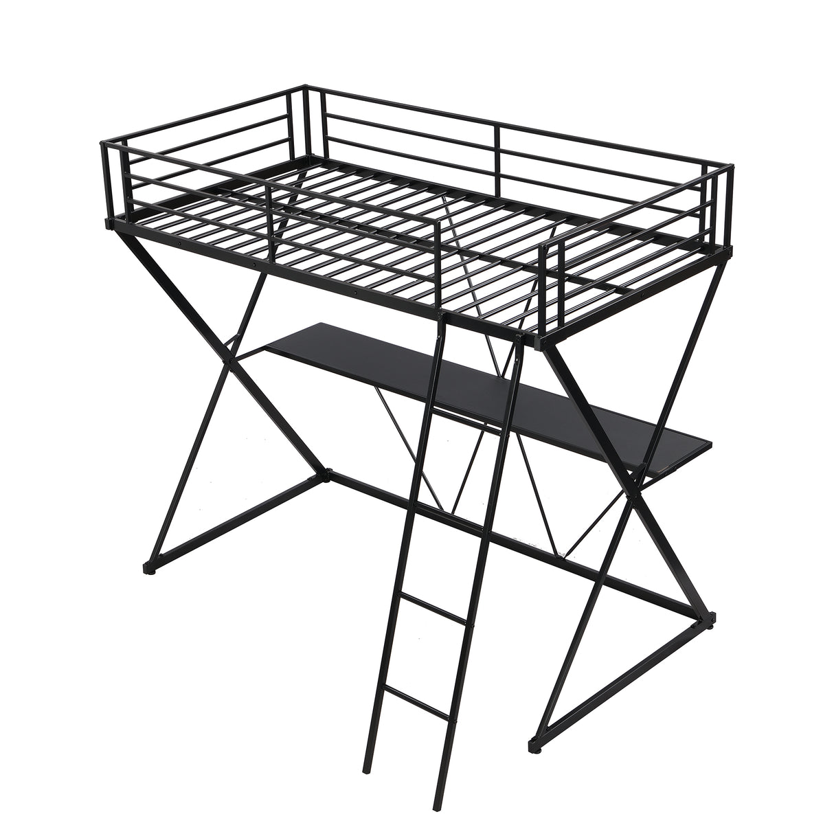 Twin Size Loft Bed with Desk Ladder and Full-Length Guardrails X-Shaped Frame Black