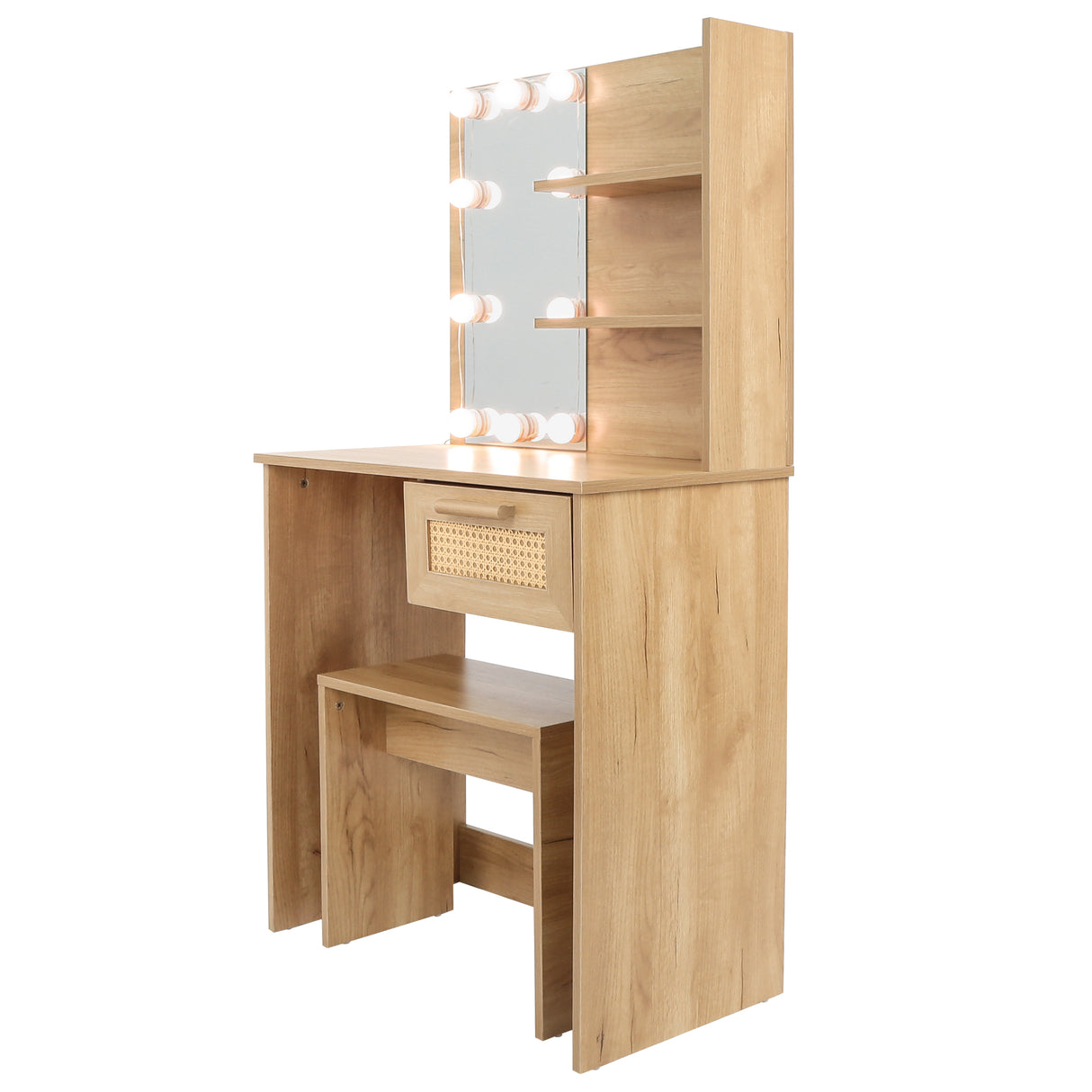 Vanity Desk Set Stool & Dressing Table with LED Lighting Mirror Drawer and Wood Cosmetic Table Chest of Drawers Nature Color - V.I.P Digital Presence