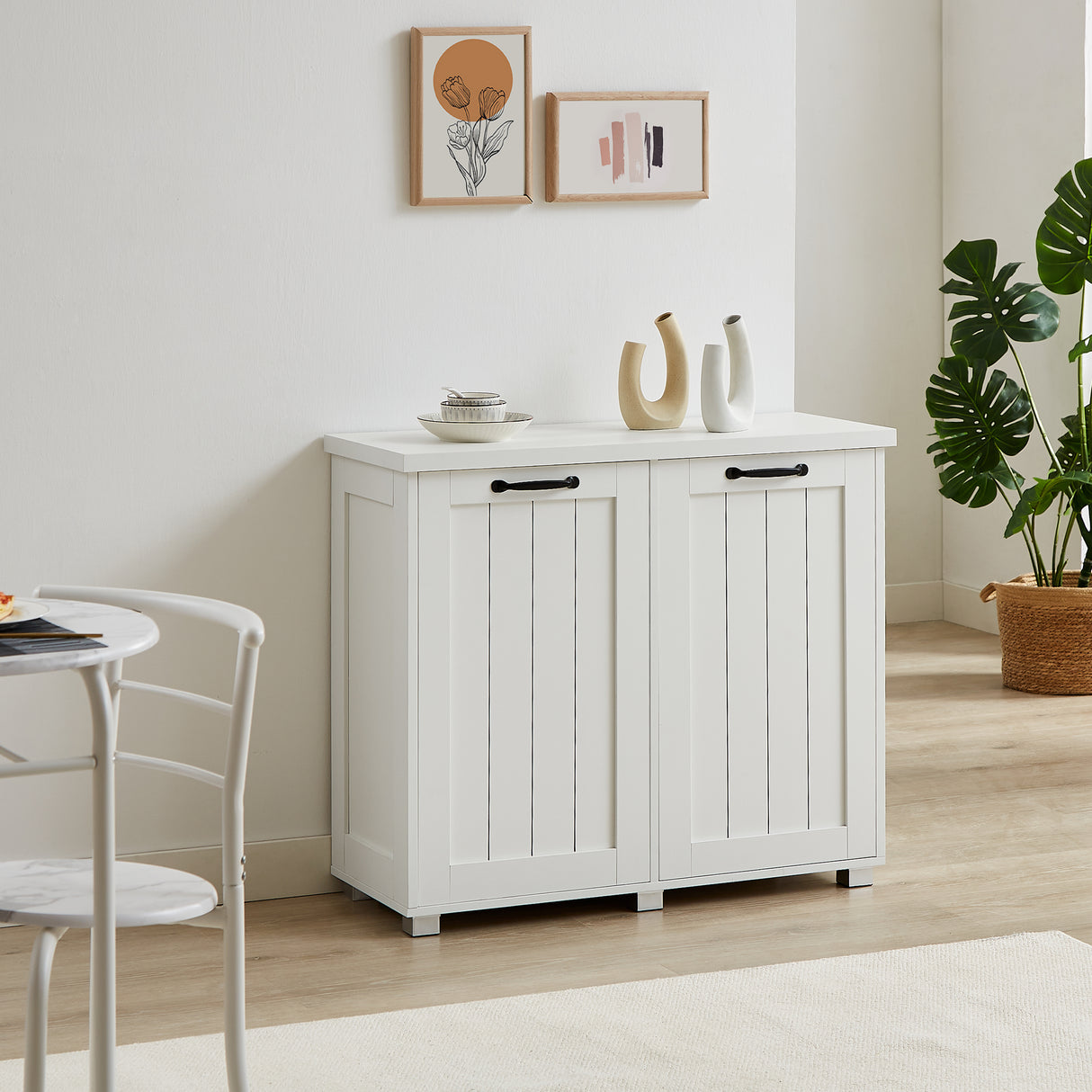 Two room inclined garbage bin, anti pet kitchen garbage bin with cutting board, independent laundry sorting cabinet, white - V.I.P Digital Presence