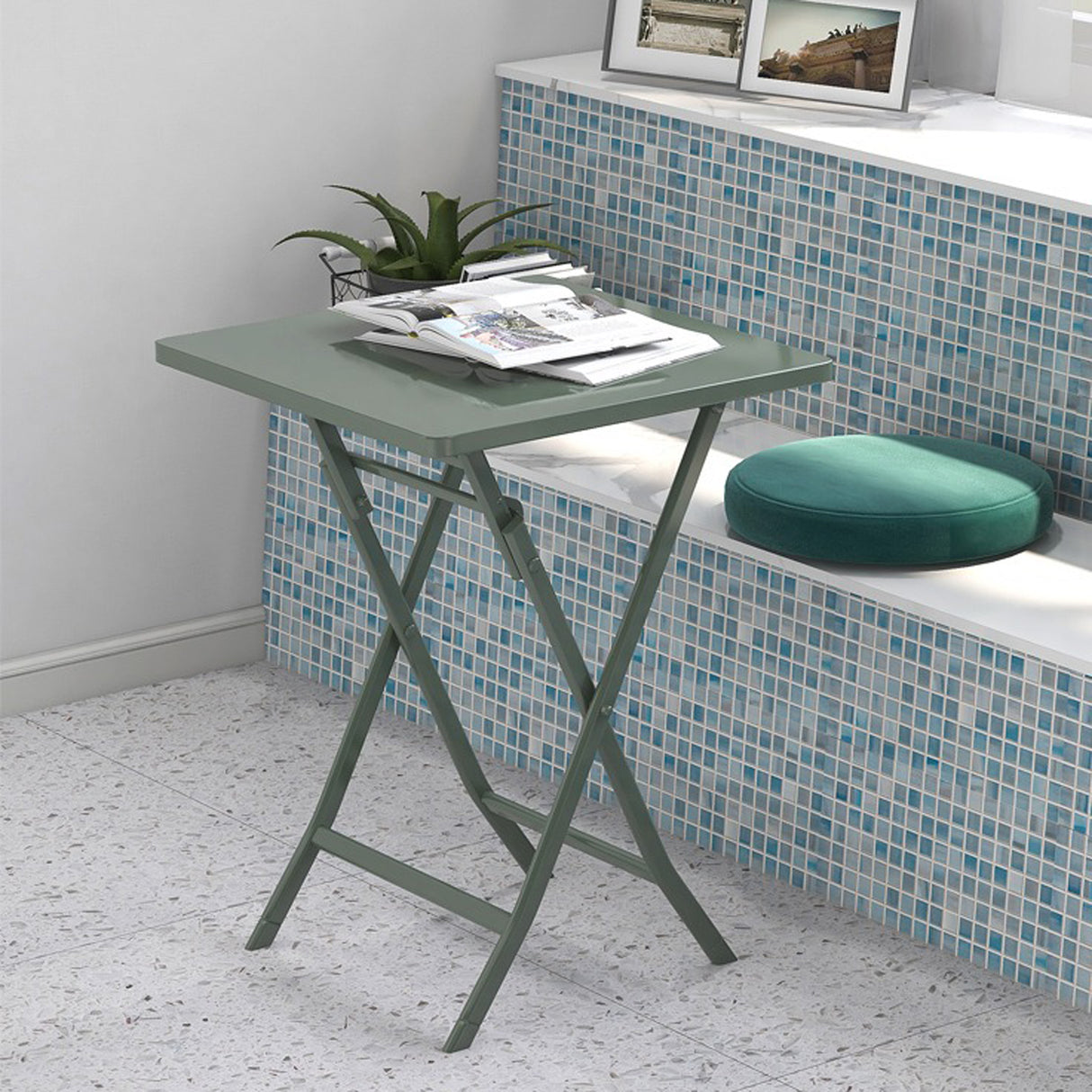 3 Piece Patio Bistro Set of Foldable SquareTable and Chairs, Dark Greem - V.I.P Digital Presence