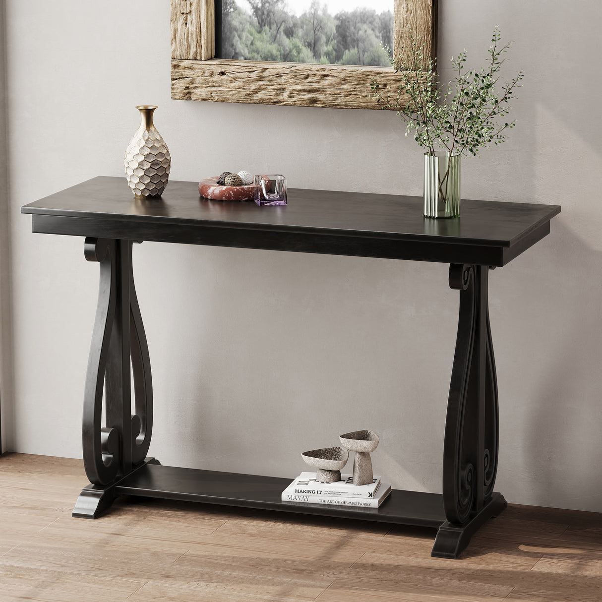 48-Inch Rustic Vintage Console Table --- Farmhouse Style Entryway Table with Open Shelf and Sturdy Construction (Black) - V.I.P Digital Presence